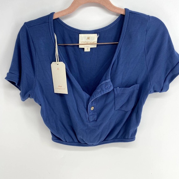 Maaji Tops - Maaji Loungewear Ribbed Blue Henley Short Sleeve Crop top Womens S NWT